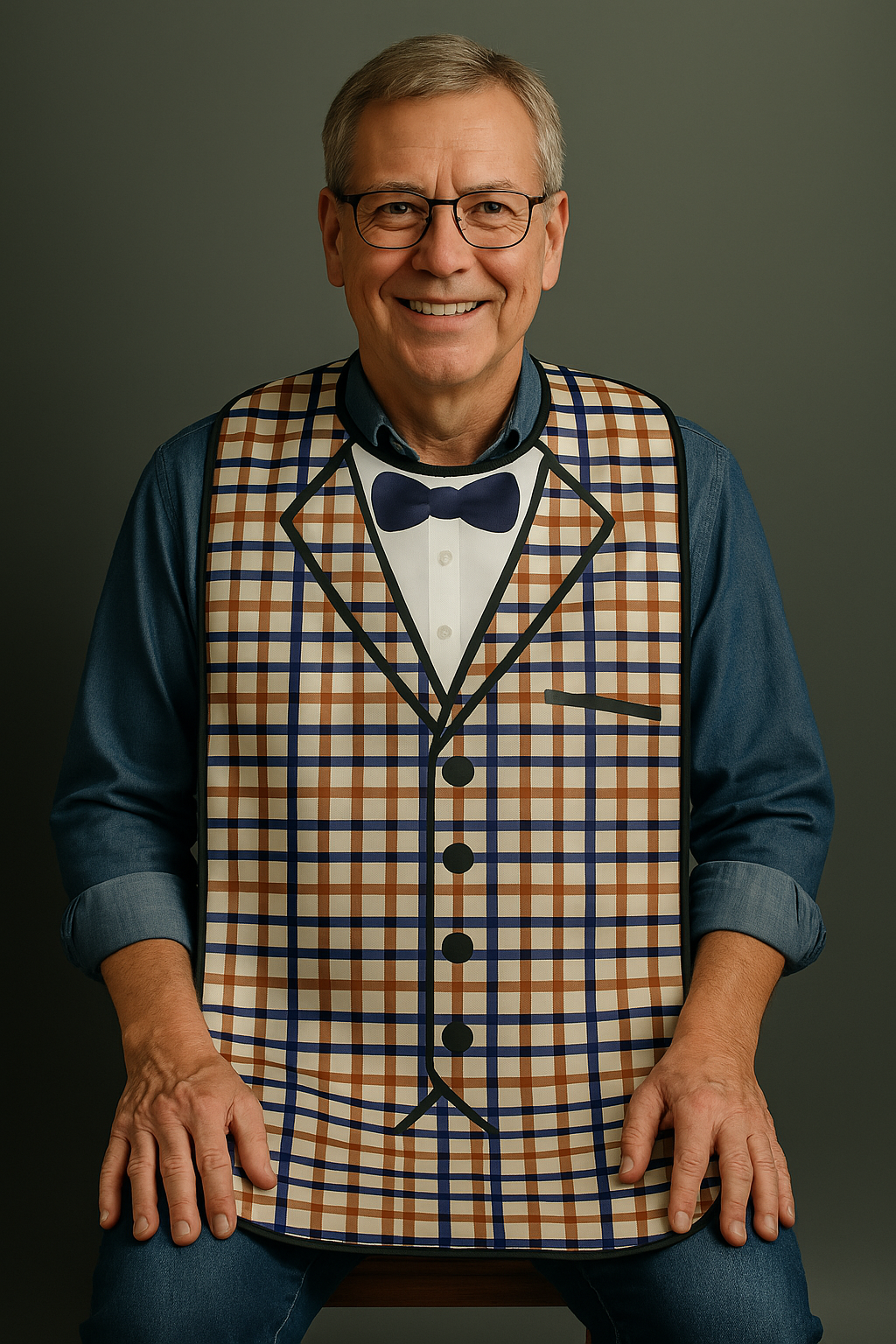 Mann 60+ sitzend mit Schlabberlatz