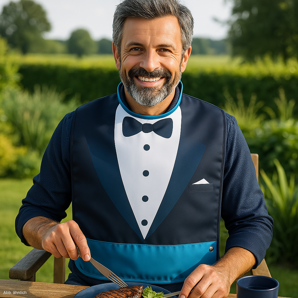 Mann mit Schlabberlatz beim Grillen