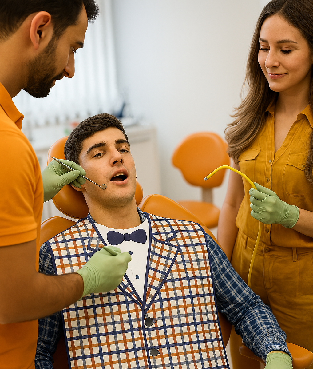 Jüngerer Mann mit Schlabberlatz-Latz